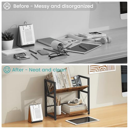 Desktop Bookshelf, 2 Tier Desk Shelf Organizer, Wooden Tabletop Bookcase, Small Desk Top Book Rack for Office, Home, Bedroom, Small Space Storage and Display, Rustic Brown
