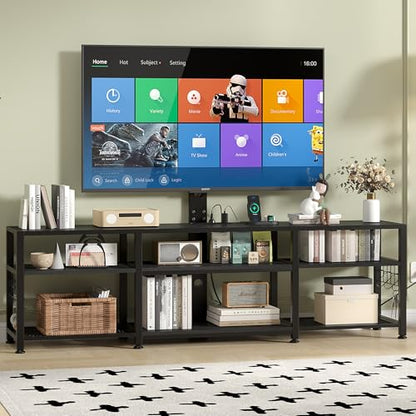 VECELO 63" TV Stand with Mount and Power Outlets, Entertainment Center Console with Open Storage Shelves, Height Adjustable up to 75”, Wooden Table and Metal Frame for Living Room, Matte Black