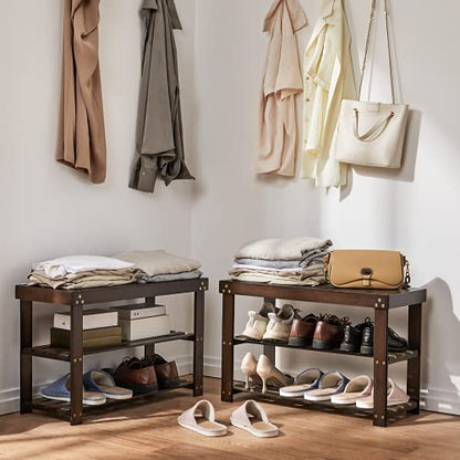 Pipishell Bamboo Shoe Rack Bench, 3 Tier Sturdy Shoe Bench, Storage Shoe Organizer, Holds up to 300lbs for Entryway Bedroom Living Room Balcony, Brown