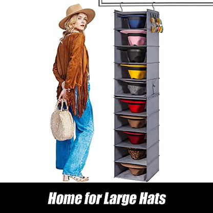 Oxford Cloth Hat Rack for Closet, Storage or Display, Grey, Large | Space Saver, 10-Shelf Organizer for Wide Brim Fedora, Trilby, Sunhat, Cowboy Hat, Baseball Cap, 2 Separate 5-Shelf, M, L, XL
