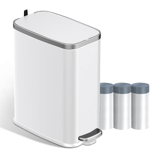 KdbK Stainless Steel Bathroom Trash Can with Lid Soft Close,1.6 Gallon Slim Garbage can,Small Metal Step Wastebasket for Office, Bedroom, Toilet, White