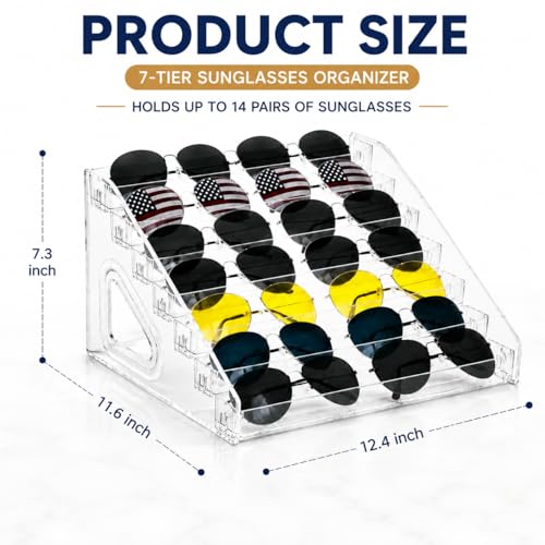1 Pack 7 Tier Sunglasses Organizer Stand, Clear Acrylic Glasses Display Rack, Snap-Fit Eyeglass Holder Storage Tray for Sunglasses, Reading Glasses, Nail Polish, Makeup, Trading Cards and Collectibles