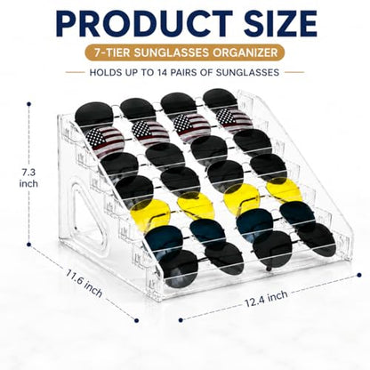 1 Pack 7 Tier Sunglasses Organizer Stand, Clear Acrylic Glasses Display Rack, Snap-Fit Eyeglass Holder Storage Tray for Sunglasses, Reading Glasses, Nail Polish, Makeup, Trading Cards and Collectibles