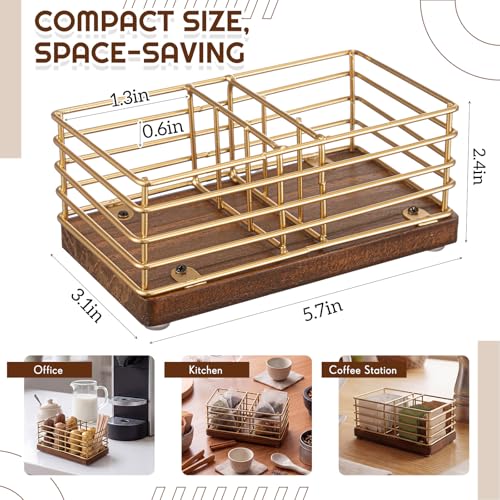 Sugar Packet Holder, Sugar Caddy, Farmhouse Metal Tea Bag Organizer, Stirrers Straws Small Condiments Packet Container for Coffee Bar, Kitchen Office Home 5.7" x 3.1" x 2.4"(Rustic Gold)