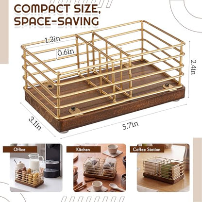 Sugar Packet Holder, Sugar Caddy, Farmhouse Metal Tea Bag Organizer, Stirrers Straws Small Condiments Packet Container for Coffee Bar, Kitchen Office Home 5.7" x 3.1" x 2.4"(Rustic Gold)