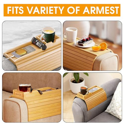 Bamboo Couch Cup Holder, 2 Cork Coasters, Anti-Slip Foldable Couch Arm Tray | 2 in 1 Foldable Sofa Arm Tray, Couch Armrest Table, Anti-Spill Couch Arm Table for Drinks TV Remote Cellphone Snacks