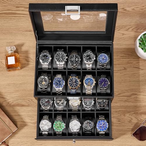 BEWISHOME Watch Case, 20-Slot Watch Box Organizer with Large Glass Lid | Watch Cases for Men with Removable Watch Pillows, Synthetic Leather, Watch Storage Box, Watch Display Case, Black SSH04C