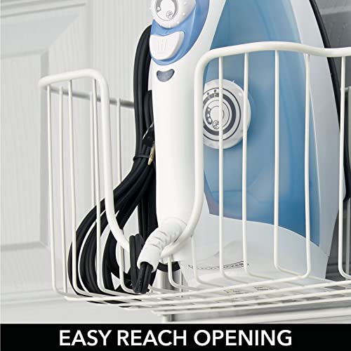 mDesign Steel Metal Over Door Ironing Board Holder with Large Storage Basket for Laundry, Utility, Mudroom, Garage - Holds Iron, Board, Spray Bottles, Starch, Detergent, Fabric Refresher - White