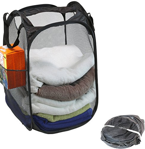 Simple Houseware Mesh Pop-Up Laundry Hamper with Side Pocket, 2 Pack, Black