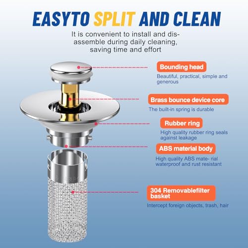 Vakabiu 2024 New Pop Up Bathroom Sink Drain Strainer Hair Catcher, Sink Drain Stopper with Removable Stainless Steel Filter Basket,for US Bathroom Sink Stopper Replacement (2PCS)