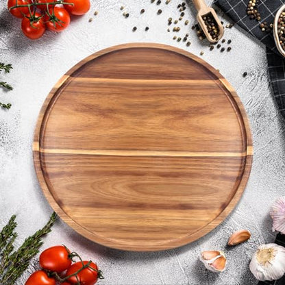 Acacia Round Wood Serving Tray for Ottoman Coffee Dining Table Decorations | Large Wooden Decorative Tray Kitchen Counter Island Home Decor Circle Candle Holder Trays Living Room Centerpiece Accessories