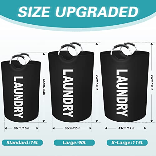 90L Large Laundry Basket, Dirty Clothes Waterproof Laundry Hamper, Black | Collapsible Laundry Basket with Foam Protected Aluminum Handles for Laundry Dorm Family, Black Dirty Clothes Hamper