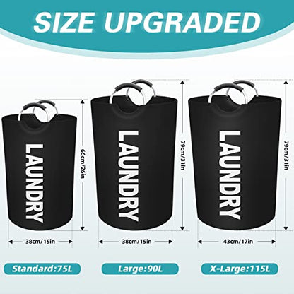 90L Large Laundry Basket, Dirty Clothes Waterproof Laundry Hamper, Black | Collapsible Laundry Basket with Foam Protected Aluminum Handles for Laundry Dorm Family, Black Dirty Clothes Hamper