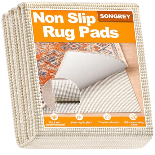 Songrey Non-Slip Rug Pad 5x7 FT, White | Extra Thick Carpet Pads for Hard Surfaces, Prevent Sliding and Secures Rugs, Provide Floor Protection with Comfort Cushioning