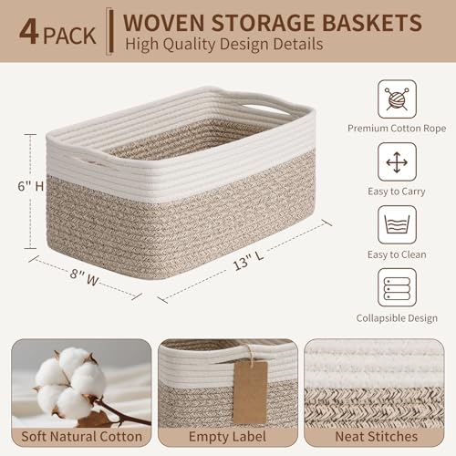Goodpick 4 Pack Storage Baskets for Organizing Shelves, Light Brown & White | 13" x 8" x 6" Woven Rope Baskets for Baby Toys & Diapers, Decorative Gift Basket for Home & Nursery, Rectangle Design