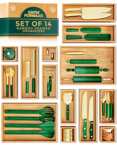 Bamboo Drawer Organizer Boxes - Set of 14 Wooden D... (14 Count | Bamboo)