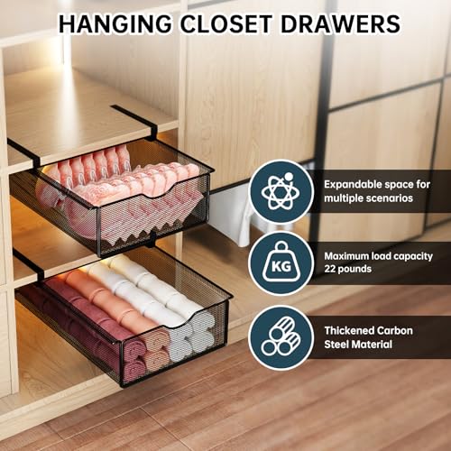 2 Pack Underwear Sock Drawer Organizer Set, Pull-Out Storage Baskets for Bra & Clothing, Closet & Dorm Room Organization Essentials(Black)
