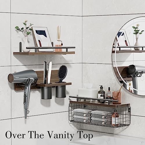 Bathroom Floating Shelves with Hair Dryer Holder - Wall Mounted Wood Wall Shelf with Blow Dryer Storage Over The Toilet - Set of 3 Rustic Brown Farmhouse Decor