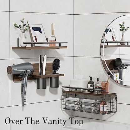 Bathroom Floating Shelves with Hair Dryer Holder - Wall Mounted Wood Wall Shelf with Blow Dryer Storage Over The Toilet - Set of 3 Rustic Brown Farmhouse Decor