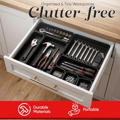 Masirs Interlocking Drawer Organizer Bins 8 Pcs, Desk Drawer Tray Set | Tool Box Organizer Tray, Kitchen Office Garage, Modular Plastic, 3 Sizes (2 Lg 3 Med 3 Sm), Black, Custom Layout