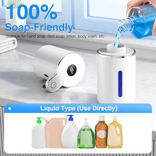 Fachixy Automatic Liquid Soap Dispenser Touchless, Smart Digital Display | 12.8oz/380mL, Up to 90 Days Battery Life, 6 Adjustable Level, Rechargeable, Wall Mountable IPX5 for Kitchen & Bathroom, White
