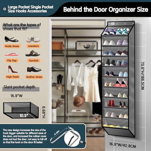 Kotkn 10 Tier Over The Door Organizer - Heavy Duty Hanging Storage Rack with Sturdy Oxford Fabric, Holds 20+ Pairs of Footwear, Boots & Sneakers, Saves 50% Closet Space (Gray)