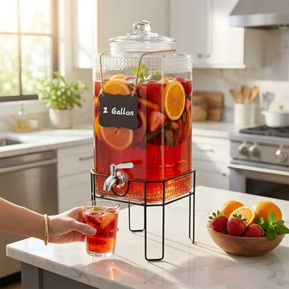 2 Gallon Glass Drink Dispenser, Drink Dispensers for Parties, Beverage Dispenser with Stand and Glass Lid, 100% Leakproof Spigot, Ideal for Lemonade, Juice, Laundry Detergent Dispenser