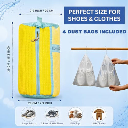GEWON Shoe Washing Machine Bag for Wash & Dry, 4-in-1 Kit 2 Chenille Sneaker Laundry Bags + 2 Dust Bags, Self-Locking Zipper