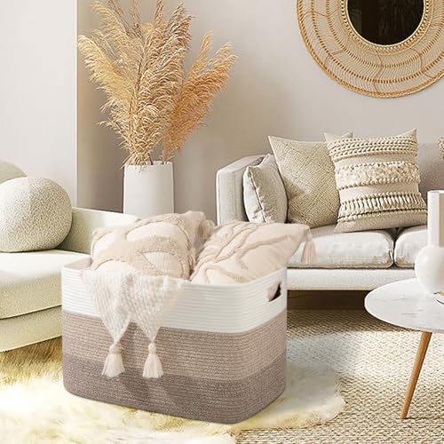 OIAHOMY 118L Extra Large Blanket Basket, Rectangle Woven Cotton Rope Storage Basket,Used for storing Dirty Clothes, Stuffed Animal Toy Storage for Living Room,Kids Room,25" x 17" x 16", Gradient Brown