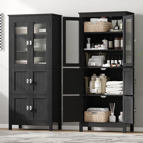 53.1" Tall Bathroom Cabinet 6 Doors Linen Floor Storage Cabinet | Bathroom Floor Cabinet with Adjustable Shelf, Pantry Cabinet for Living Room, Kitchen, Entryway, Black