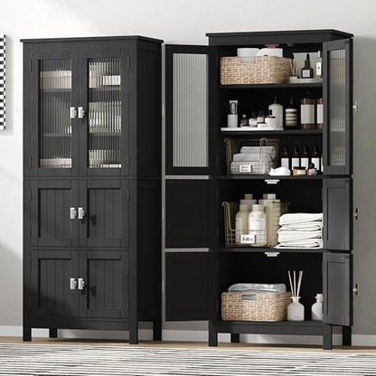 53.1" Tall Bathroom Cabinet 6 Doors Linen Floor Storage Cabinet | Bathroom Floor Cabinet with Adjustable Shelf, Pantry Cabinet for Living Room, Kitchen, Entryway, Black