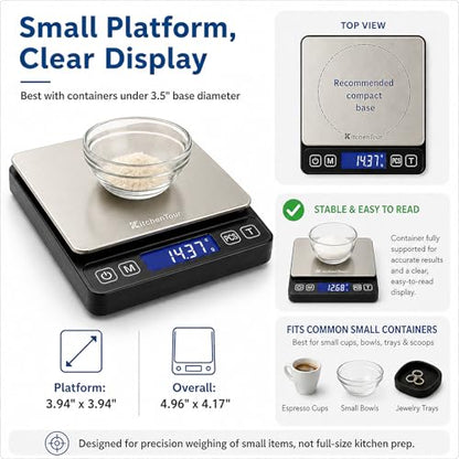 KitchenTour Mini Gram Scale for Coffee, Jewelry and Small Items, 500g x 0.01g Digital Pocket Scale with Tare, 6 Units, Back-Lit LCD, 2 Trays, Black