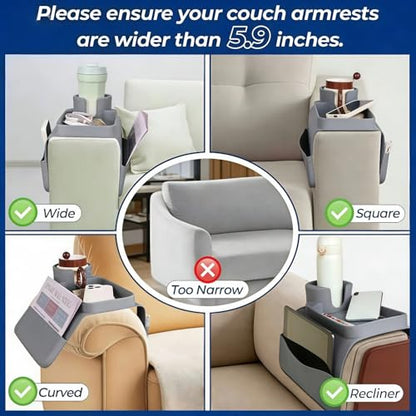 Silicone Couch Caddy Cup Holder Tray, 3-Side Sofa Armrest Organizer with Secure Gear-Shaped Locking Holder & Large Tablet Slot, Non-Slip Weighted Armchair Caddy, Couch Accessories (Grey)