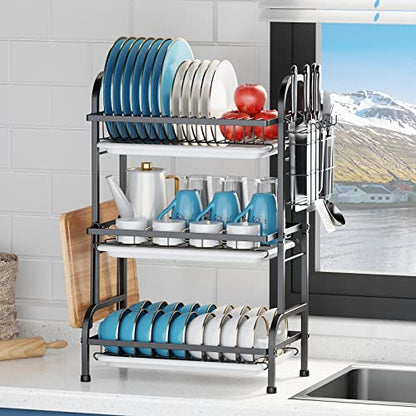3 Tier Dish Drying Rack, Over The Sink Dish Drying... (Black | Iron)