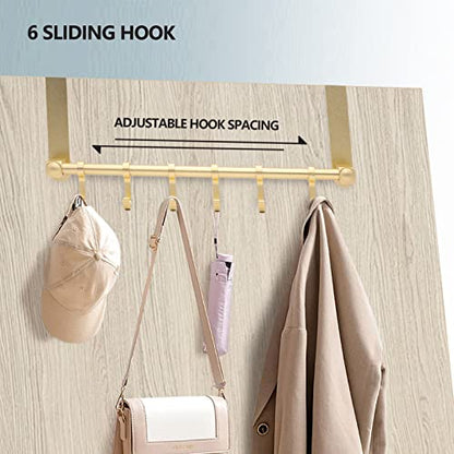 Over The Door Hooks Door Hanger, Moving 6-Hooks Over Door Coat Rack for Hanging, Aluminum Heavy Duty Door Organizer for Towel Robe Hat Bag, Behind Back of Door Bathroom (Gold)