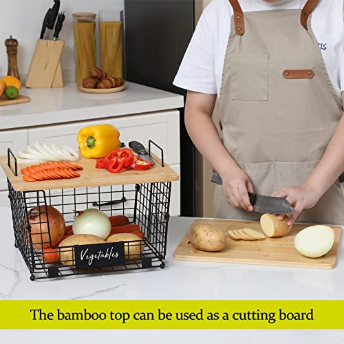 2 Set XXL Stackable Wire Basket with Bamboo Tops & Tag- Pantry Organizer and Storage Bins, Kitchen Counter Cabinet Shelf Countertop Under Sink Organizing, Food Snack Produce Onion Potato Bread Storage
