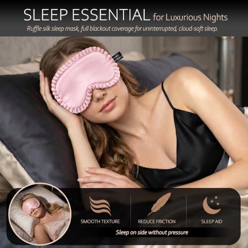 Silk Sleep Mask for Women, 100% Mulberry Silk Eye Sleeping Mask & Blindfold with Adjustable Strap, Ruffled Edge & Laundry Bag, Blackout Soft Eye Cover for Travel, Nap, Night Shift,Pink