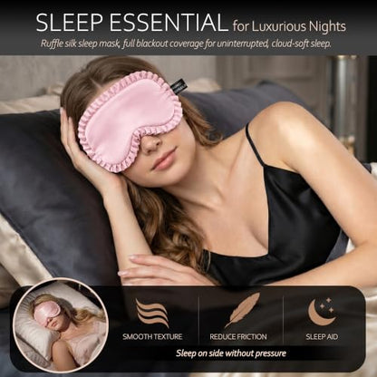 Silk Sleep Mask for Women, 100% Mulberry Silk Eye Sleeping Mask & Blindfold with Adjustable Strap, Ruffled Edge & Laundry Bag, Blackout Soft Eye Cover for Travel, Nap, Night Shift,Pink