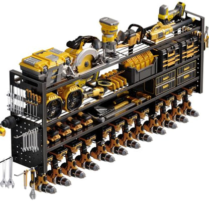 Large 49''W Power Tool Organizer Wall Mount | 620lbs Garage Storage Rack with 12 Cordless Drill Holder | 4-Tier Heavy Duty Utility Shelf for Battery Workshop Organization