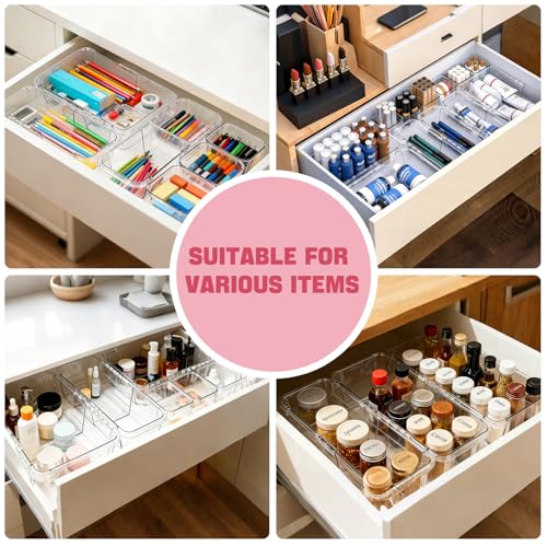 21 PCS Extendable Drawer Organizer Set Clear Stackable Vanity Storage Bins | 3-Size BPA-Free Acrylic Trays, Non-Slip Durable Boxes for Makeup Cosmetics Office Desk Utensils Bathroom Dresser Countertop