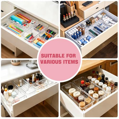 21 PCS Extendable Drawer Organizer Set Clear Stackable Vanity Storage Bins | 3-Size BPA-Free Acrylic Trays, Non-Slip Durable Boxes for Makeup Cosmetics Office Desk Utensils Bathroom Dresser Countertop