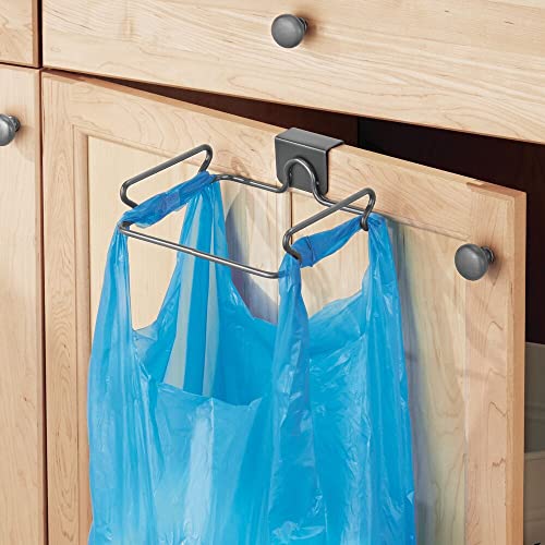 mDesign Over the Cabinet Metal Wire Small Garbage Container, Trash Bag Holder Rack for Recycled Reusable Disposable Plastic Shopping Grocery Bags for Kitchen, Pantry, Garage, Bathroom - Graphite Gray