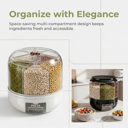 Rotating Grain Storage Bin 6 Grids Rice Container One-Click Output Large Capacity Food Dispenser For Rice Grains Sealed Moisture Proof Organizer (Black)