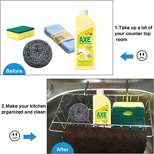 Kitchen Sponge Holder, Dish Brush Holder, Slim Sink Organization/Draining Basket/Liquid Drainer/Water Trough Rack, Kitchen Essential Tools, 304-Stainless Steel (Silver)