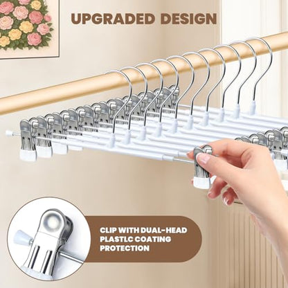 HUADYMEET 12 Inch Heavy Duty Pants Skirt Hangers with Clips,White,30 Pack | Metal,Space Saving,Adjustable,Hanger for Jeans Shorts Clothes Slacks Trousers,For Adult Men Women Children, Non Slip