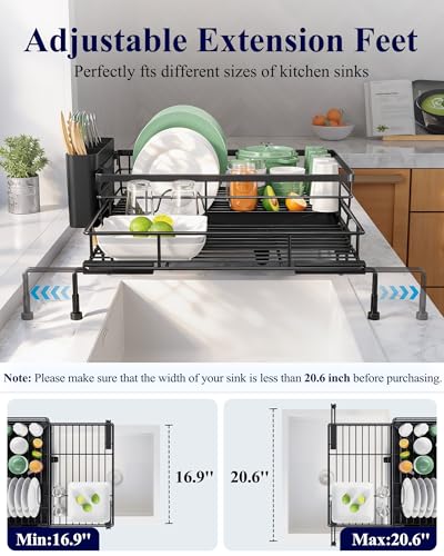Kitsure Adjustable Dish Drying Rack, 15.6''-25.2''L × 16.9''W, Black | Large Dish Drying Rack, Rust-Resistant Dish Racks for Kitchen Counter, With Adjustable Support Legs, Cutlery Holder