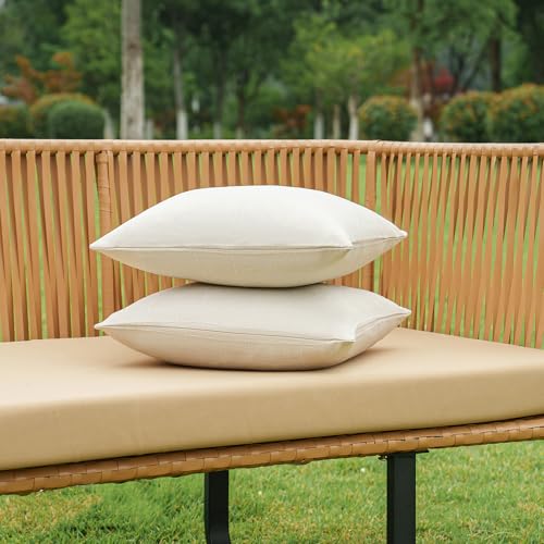 NiNi ALL Outdoor Waterproof Beige Throw Pillow Covers Set of 2 18x18 Inch Faux Linen Texture Decorative Farmhouse Solid Water Resistant Cushion Covers for Tent Patio Garden Couch Sofa