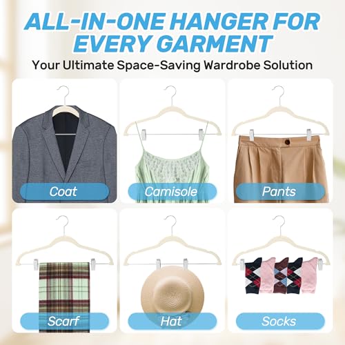 Velvet Pants Hangers 20 Pack with Adjustable Clips, Beige | Space-Saving Slim Felt Hangers; Heavy Duty Non-Slip Flocked Clothes Hangers; Pants, Skirts, Dresses, Jeans
