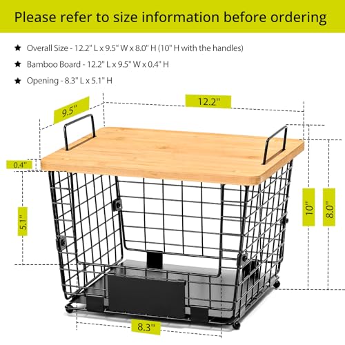 2 Set Large Stackable Wire Basket with Bamboo Tops & Tag- Pantry Organizer and Storage Bins, Kitchen Counter Cabinet Shelf Countertop Under Sink Organizing for Food Snack Produce Onion Potato Bread