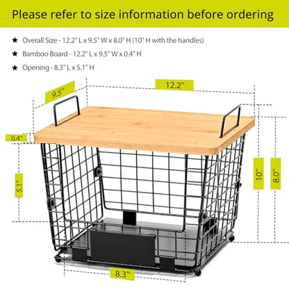 2 Set Large Stackable Wire Basket with Bamboo Tops & Tag- Pantry Organizer and Storage Bins, Kitchen Counter Cabinet Shelf Countertop Under Sink Organizing for Food Snack Produce Onion Potato Bread